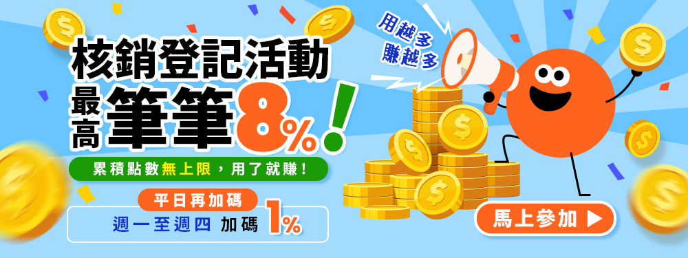 核銷登記回鍋！月月最高８%回饋