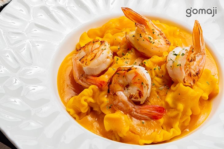 自家南瓜醬鮮蝦裙擺麵