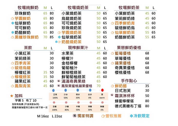 豐牧手作乳品研製(台中火車站店)　菜單