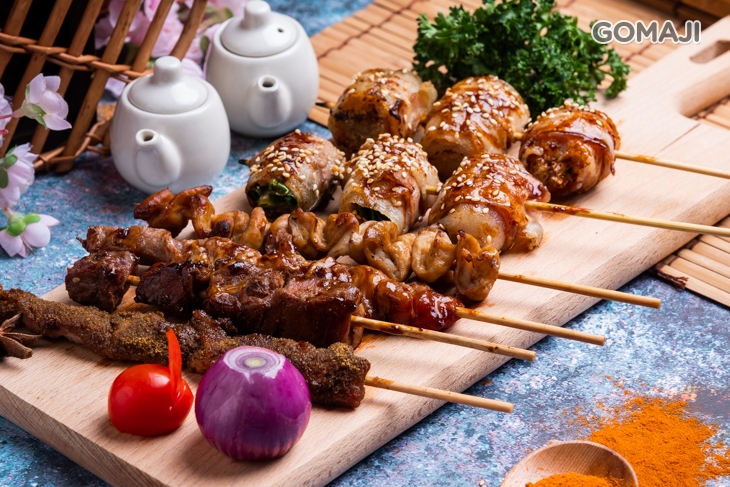 羊肉串、骰子牛串、牛肉串、豬大腸串、青蔥豬五花、豬五花金針菇