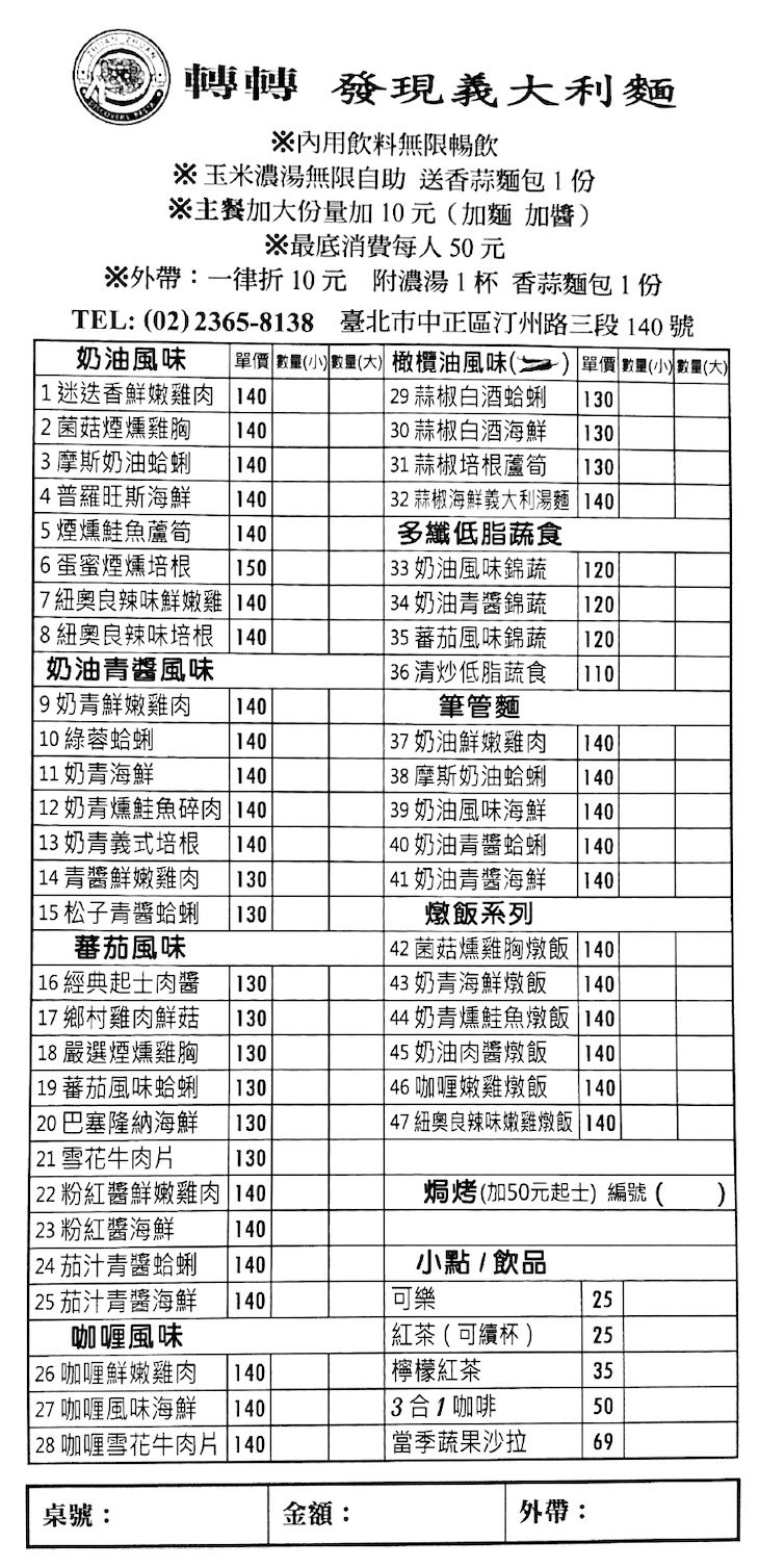轉轉發現義大利麵菜單