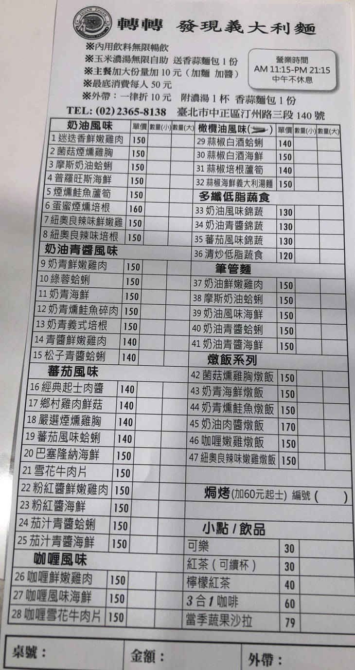 轉轉發現義大利麵菜單