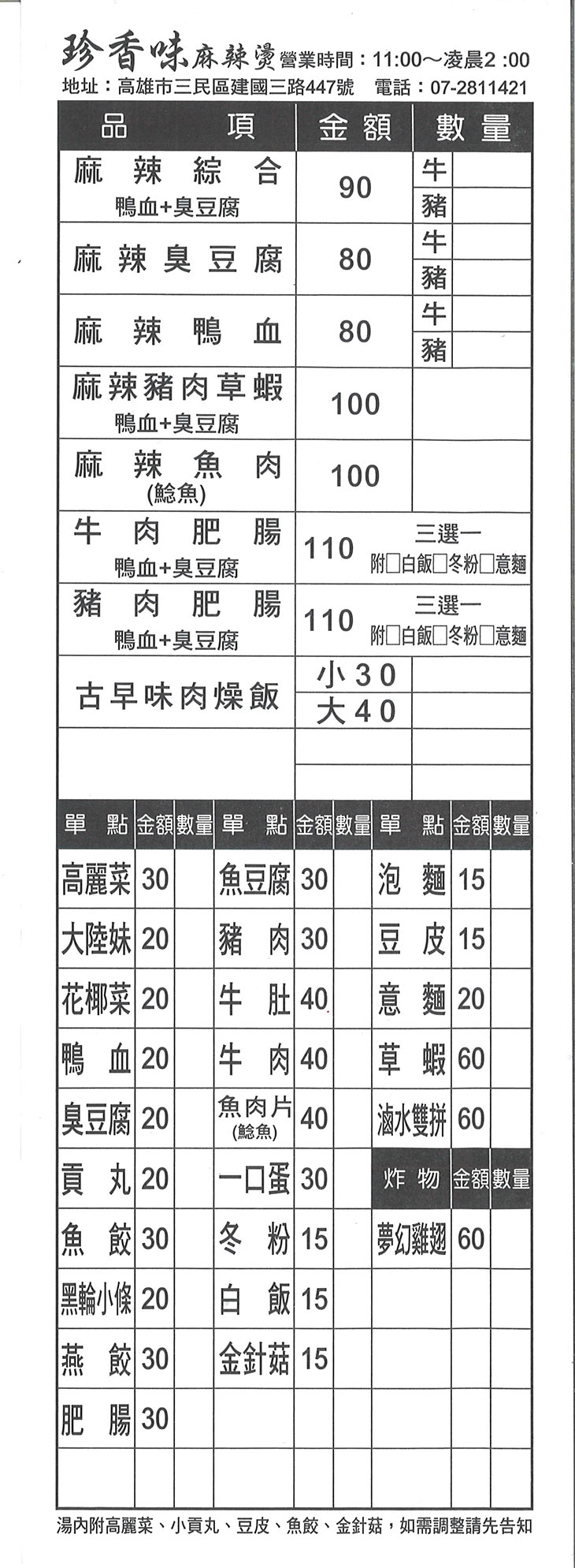 珍香味麻辣燙菜單