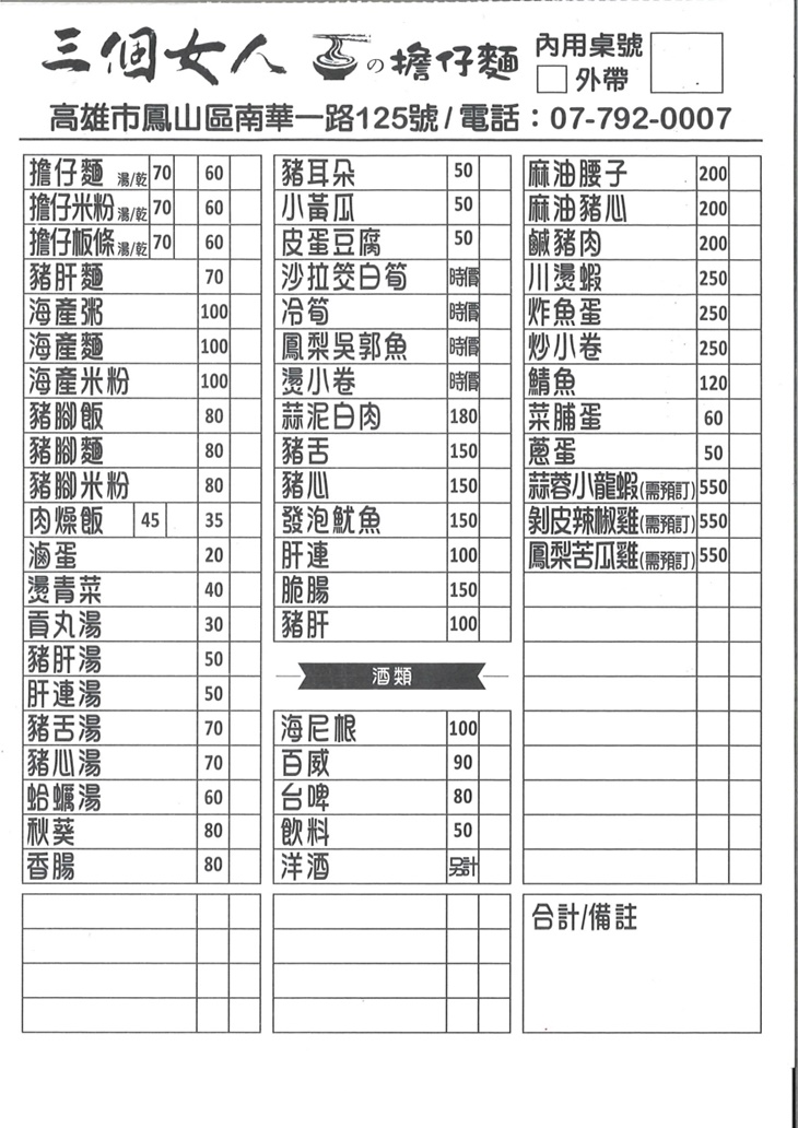 三個女人の擔仔麵菜單