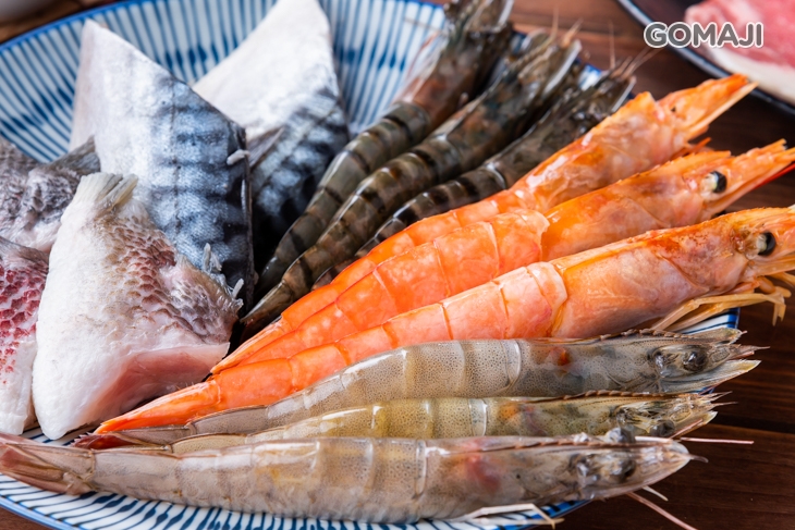 鯛魚下巴、鯖魚、天使紅蝦、藍鑽蝦、黑虎蝦