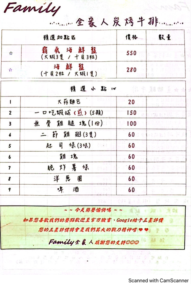 全家人牛排(臨江通化店)菜單