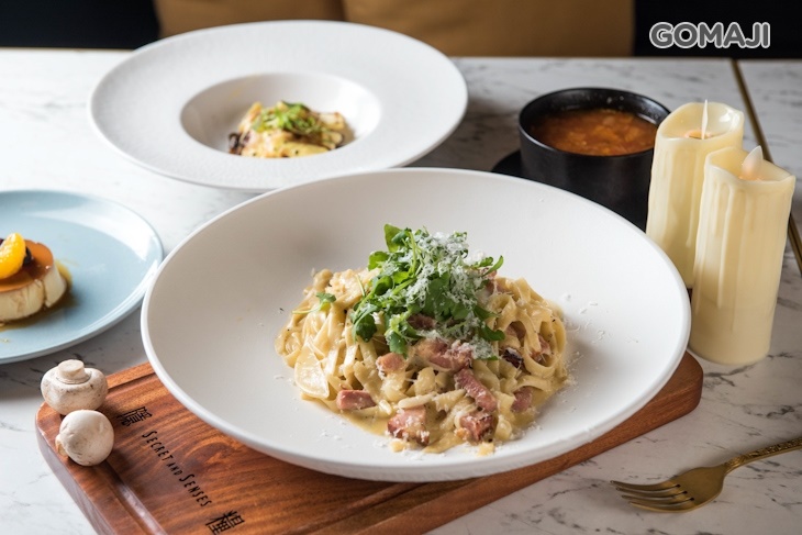 帕米加若培根奶油寬麵搭溫泉蛋
