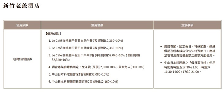 新竹老爺聯合餐券