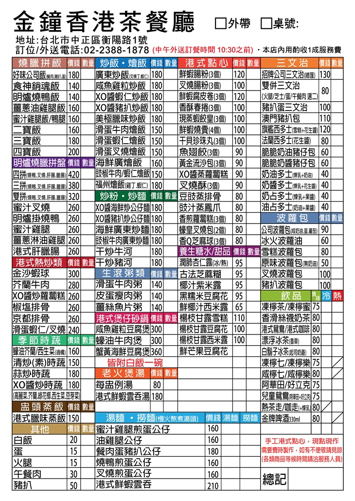 金鐘香港茶餐廳 菜單