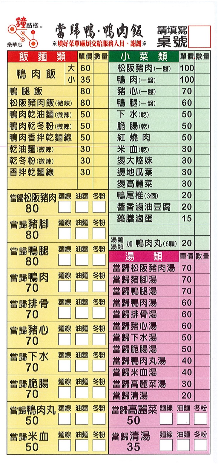 鐘點棧 當歸鴨-鴨肉飯專賣店　菜單